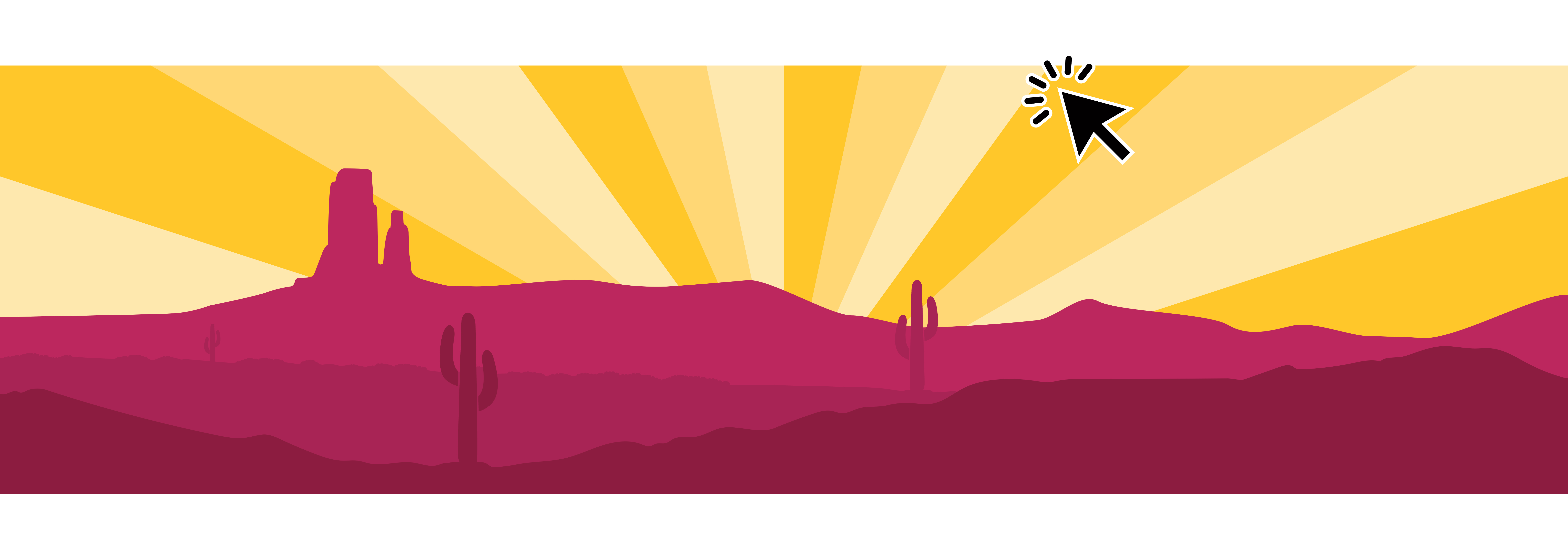 Illustration of a desert landscape at sunset, bathed in maroon and gold hues. Golden sunbursts radiate across the sky, casting a warm glow over the scene.